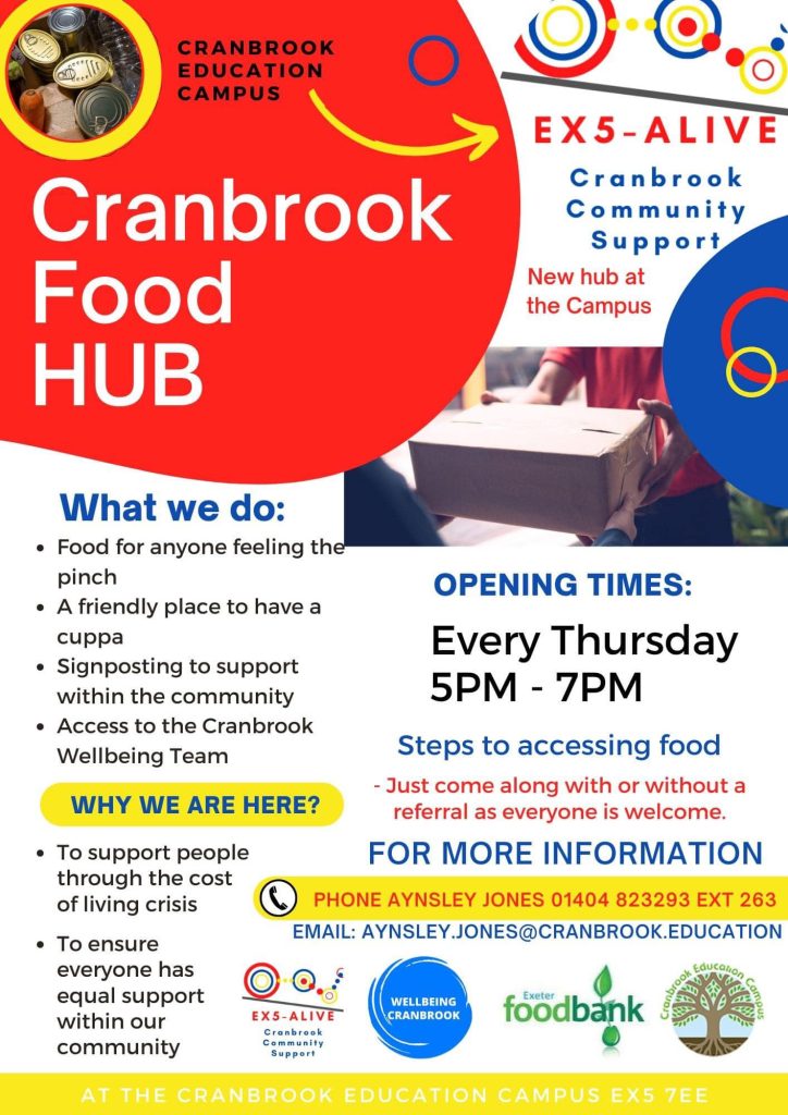 Poster for the Cranbrook Food Hub - Food Bank Every Thursday 5-7 giving the details found in this article.